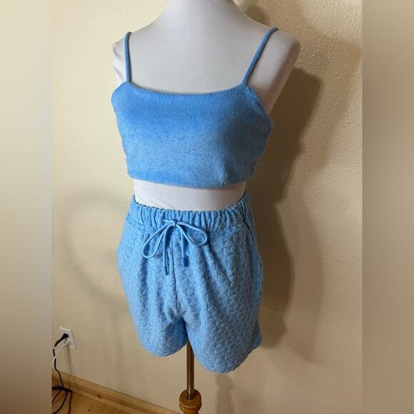 7 for All Mankind Blue Terry cloth crop top and high waisted shorts SET SMALL - Picture 2 of 7